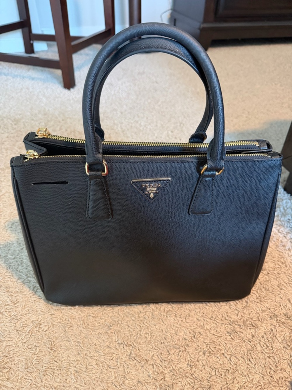Prada Black Saffiano Double-Zip Satchel with Gold Hardware